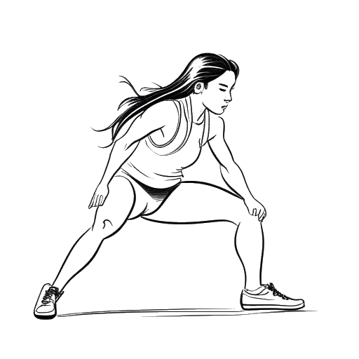 Dibujo a línea de una mujer, que representa a Becky Lynch (Rebecca Quin), con largo cabello en ropa atlética, practicando con confianza movimientos de lucha libre en un ring de entrenamiento.