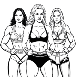 Dibujo a línea de una mujer, que representa a Becky Lynch, de pie altiva en el centro de un ring de lucha, con Ronda Rousey y Charlotte Flair a cada lado.