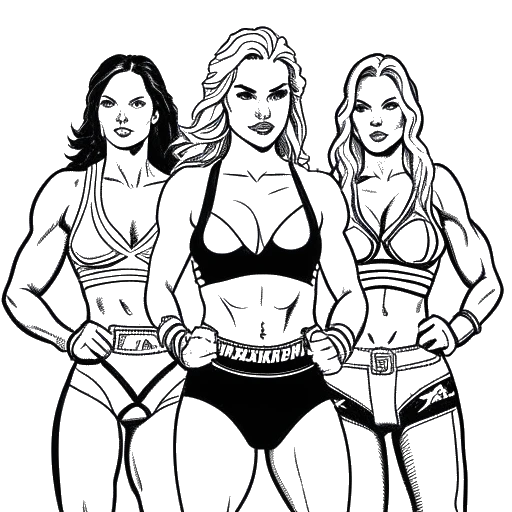 Line art drawing of a woman, representing Becky Lynch, standing tall in the center of a wrestling ring, with Ronda Rousey and Charlotte Flair on each side.