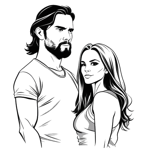 Line art drawing of Becky Lynch and Seth Rollins as a married couple