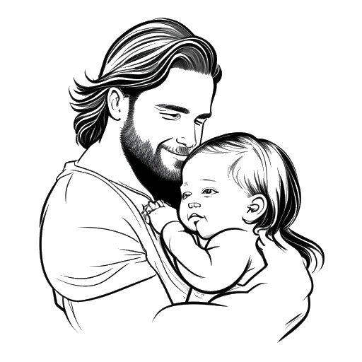 Line art drawing of Becky Lynch and Seth Rollins welcoming their daughter, Roux, in December 2020