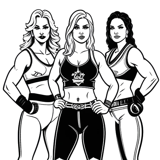 Line art drawing of Becky Lynch, Charlotte Flair, and Paige as Team PCB