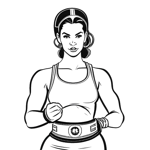 Line art drawing of Becky Lynch as a young woman starting her wrestling career at 15, holding up a championship belt