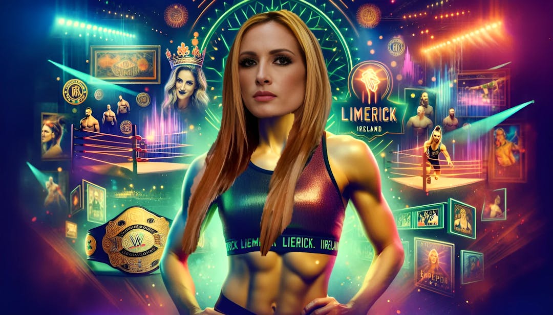 Becky Lynch, a professional wrestler from Limerick, Ireland, in sportswear, looking confident and serious. The vibrant background showcases wrestling rings, championship belts, and spotlights, representing her journey in the wrestling industry.