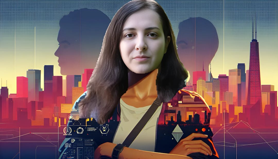 Keffals, a confident woman with fair skin and an average build, looking determined in a tech-inspired outfit. The background hints at her activism for LGBTQ+ rights and showcases elements of Vancouver's skyline. Ultra realistic image.