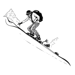 Line art drawing of a man, representing Jake Paul, snowboarding down a mountain slope, with a camera hanging from his neck, capturing the thrilling moment, all against a white backdrop.