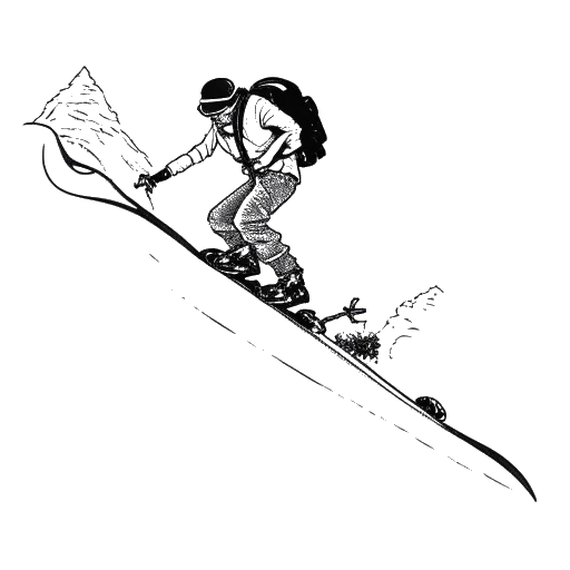 Dessin en ligne d'un homme, représentant Jake Paul, faisant du snowboard sur une pente de montagne, avec une caméra accrochée à son cou, capturant le moment palpitant, le tout sur fond blanc.