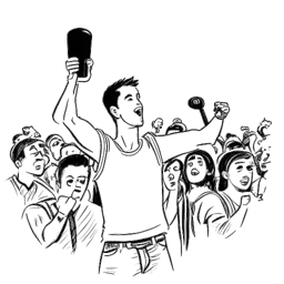 Line art drawing of a man, representing Jake Paul, wearing a boxing glove on one hand and holding a camera on the other hand, standing in front of a crowd of cheering fans, all against a white backdrop.