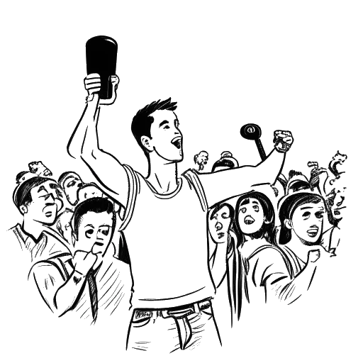 Line art drawing of a man, representing Jake Paul, wearing a boxing glove on one hand and holding a camera on the other hand, standing in front of a crowd of cheering fans, all against a white backdrop.