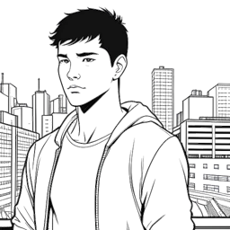 Line art drawing of a man, representing Jake Paul, with short hair in casual attire, his eyes showing immersion. The background seamlessly transitions between a cityscape and a boxing ring, all against a white backdrop.