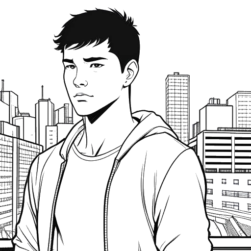 Line art drawing of a man, representing Jake Paul, with short hair in casual attire, his eyes showing immersion. The background seamlessly transitions between a cityscape and a boxing ring, all against a white backdrop.