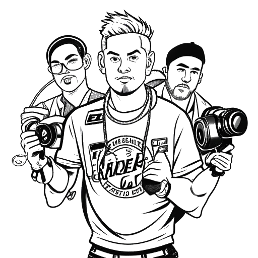 Line art drawing of Jake Paul, a man with multiple revenue streams. He holds a camera for YouTube, boxing gloves for pro boxing, stands next to actors representing acting ventures, presents his media company emblem, and has the Boxing Bullies logo to showcase his charitable efforts. All elements are on a white background.