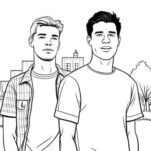 Line art drawing of two young men, representing Jake and Logan Paul, standing in front of the Hollywood sign.