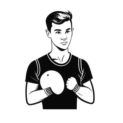 Line art drawing of a young man, representing Jake Paul, standing next to a logo of a boxing glove with a heart.