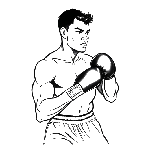 Line art drawing of a young man, representing Jake Paul, boxing in a ring.