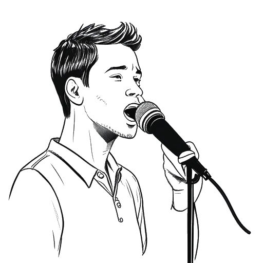 Line art drawing of a young man, representing Jake Paul, acting in front of a microphone.