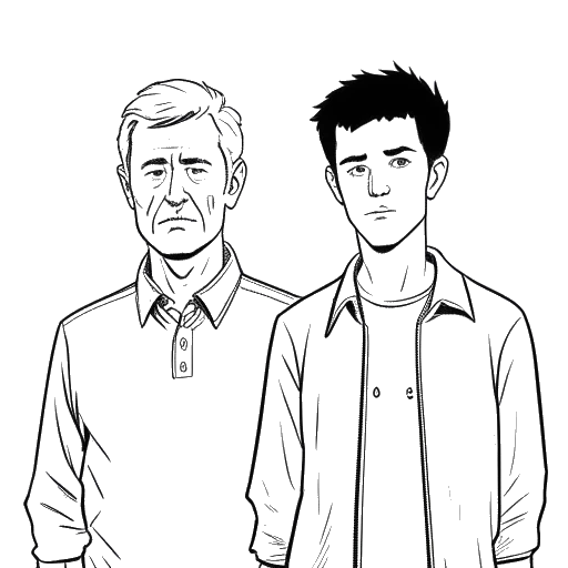 Line art drawing of a young man, representing Jake Paul, standing next to his father.