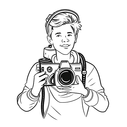 Line art drawing of a young man, representing Jake Paul, engaging in his hobbies of snowboarding, photography, and white-water rafting.
