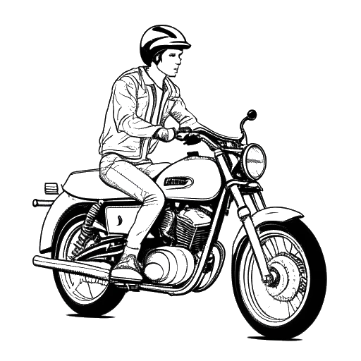 Line art drawing of a young man, representing Jake Paul, riding a motorcycle.