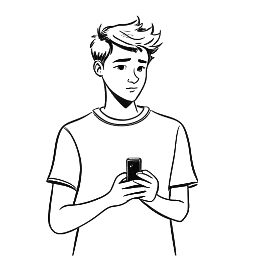 Disegno in stile line art di un giovane, rappresentante Jake Paul, che tiene uno smartphone con un numero di follower in rapida crescita.