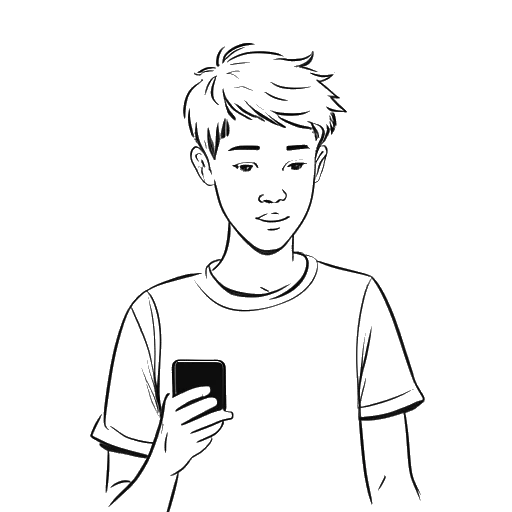 Line art drawing of a boy, representing Jake Paul, holding a smartphone and creating Vine videos.