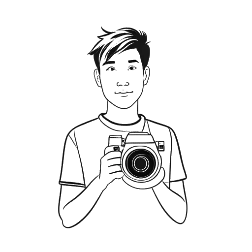 Line art drawing of a young man, representing Jake Paul, holding a camera with a YouTube logo.