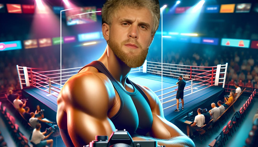 Jake Paul, a confident and charismatic social media influencer and boxer, is seen in a professional boxing ring with a serious expression. His bald head and muscular build reflect his dedication to both his career and fitness. The vibrant colors in the background and the integration of a camera and boxing gloves symbolize his passion for social media and boxing. This high-resolution image captures the intensity and determination of Jake Paul's journey.
