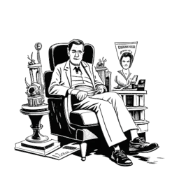 Desenho em arte linear de um homem, representando Quentin Tarantino, sentado em uma cadeira de diretor. Ele está cercado por pôsteres de filmes e segurando uma estatueta de prêmio. A imagem é preto e branco e em um fundo branco.