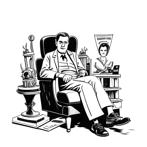 Lijntekening van een man, Quentin Tarantino voorstellend, zittend in een regiestoel. Hij is omringd door filmposters en houdt een prijsbeeldje vast. De afbeelding is zwart-wit en tegen een witte achtergrond.