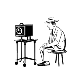 Line art drawing of a man, representing Quentin Tarantino, wearing a hat and sitting in front of a movie projector. The image is black and white and set against a white background.