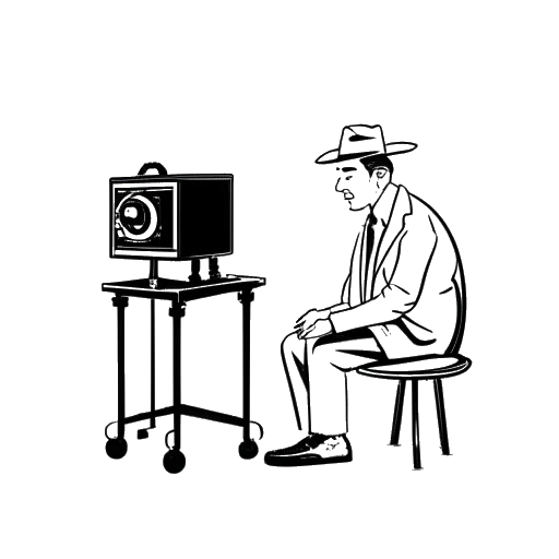 Strichzeichnung eines Mannes, der Quentin Tarantino darstellt, mit Hut, der vor einem Filmprojektor sitzt. Das Bild ist schwarz-weiß und vor einem weißen Hintergrund platziert.