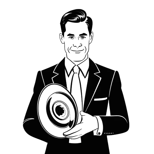 Line art drawing of a man, representing Quentin Tarantino, with a sleek hairstyle and wearing a suit. He is holding a film reel. The image is black and white and set against a white background.