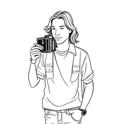 Desenho em arte linear de um homem, representando Quentin Tarantino, com longos cabelos em trajes informais, segurando uma câmera de cinema. A imagem é preto e branco e em um fundo branco.