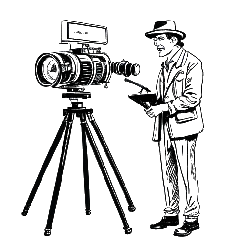 Line art drawing of a man, representing Quentin Tarantino, holding a script and standing in front of a movie camera, with scenes from 'Desperado' and 'Django Unchained' in the background