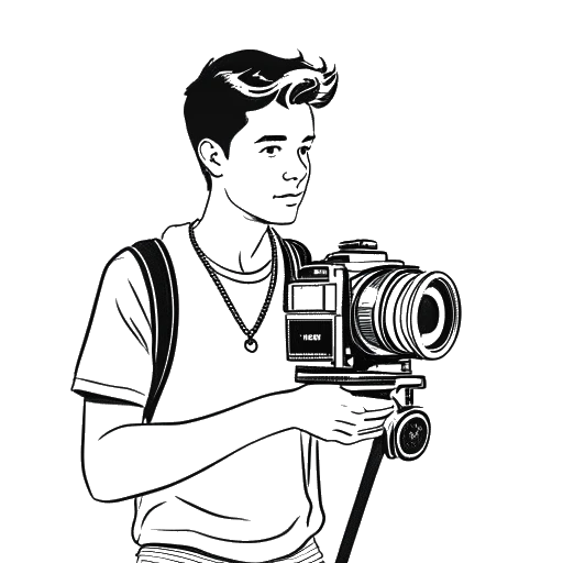 Dibujo en línea de un joven, representando a Quentin Tarantino, sosteniendo una cámara y un guion en un set de filmación