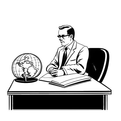 Line art drawing of a man, representing Quentin Tarantino, sitting at a judge's desk, with a film reel and a globe in the background
