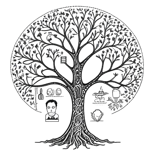 Line art drawing of a man, representing Quentin Tarantino, holding a family tree, with symbols of Cherokee, Irish, and Italian heritage in the background.