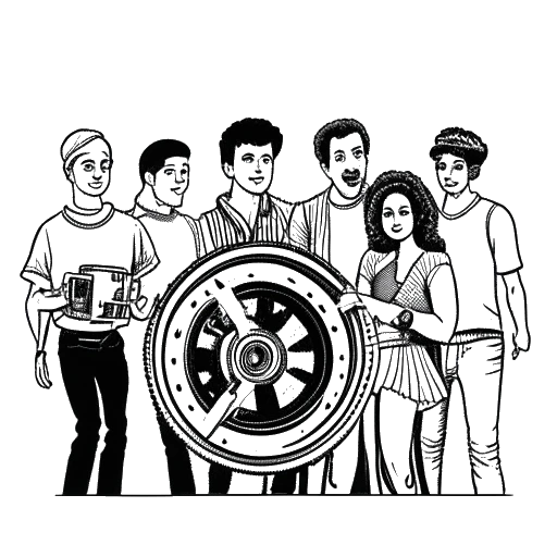 Line art drawing of a man, representing Quentin Tarantino, holding a film reel and surrounded by young filmmakers.