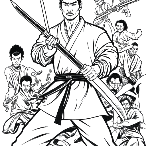 Line art drawing of a man, representing Quentin Tarantino, holding a martial arts sword, with movie scenes featuring martial arts in the background