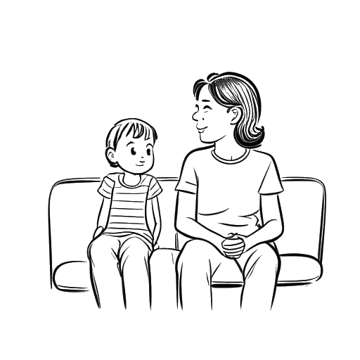 Line art drawing of a boy and his mother, representing Quentin Tarantino and his mom, at a movie theater