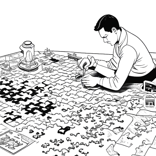Line art drawing of a man, representing Quentin Tarantino, piecing together a jigsaw puzzle, with scenes of violence in the background
