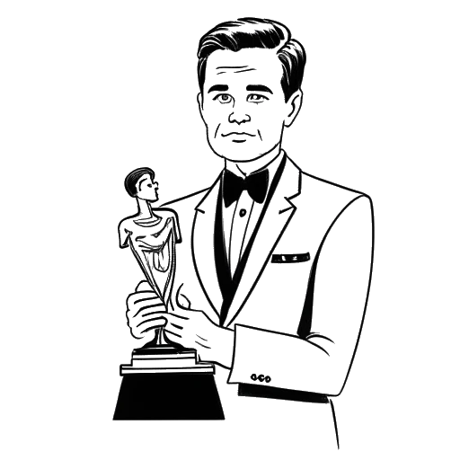 Line art drawing of a man, representing Quentin Tarantino, holding an Academy Award, with a movie script in the background