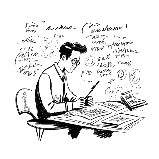 Line art drawing of a man, representing Quentin Tarantino, writing dialogue on a script, with phrases floating around him.