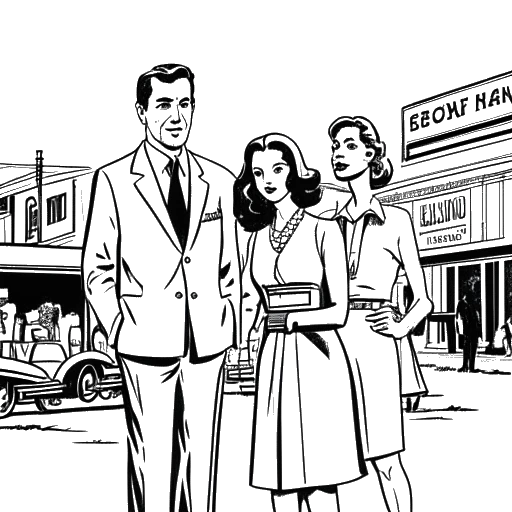 Line art drawing of a man, representing Quentin Tarantino, standing between two women, with movie sets in the background