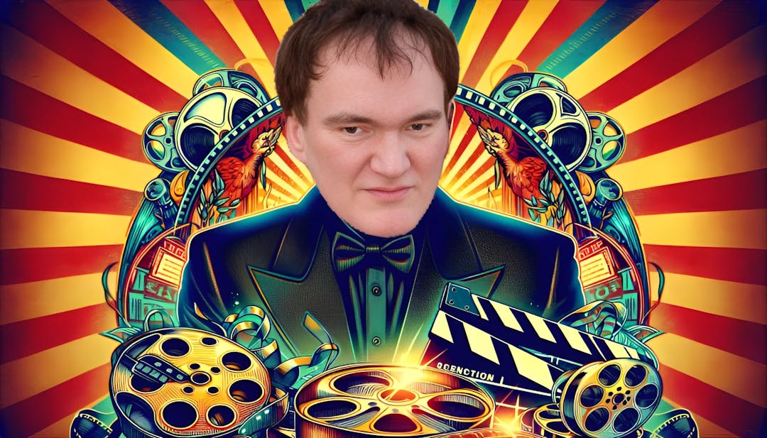 Quentin Tarantino, celebre regista dallo stile inconfondibile, seduto in una sala cinematografica d'epoca. Indossa un abito nero e tiene in mano un copione, con manifesti cinematografici e bobine iconiche sullo sfondo.