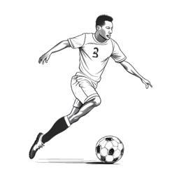 A simple line drawing of Theo Baker wearing a charity football match jersey and kicking a football towards a goal. The image represents his involvement in charity football matches and his skill as a player.
