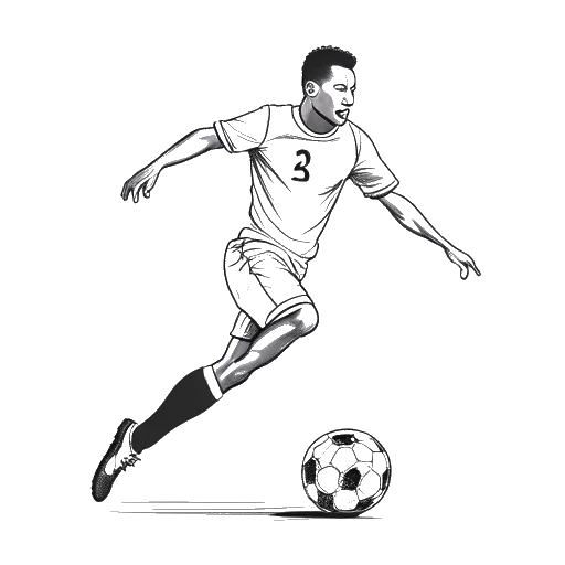 A simple line drawing of Theo Baker wearing a charity football match jersey and kicking a football towards a goal. The image represents his involvement in charity football matches and his skill as a player.