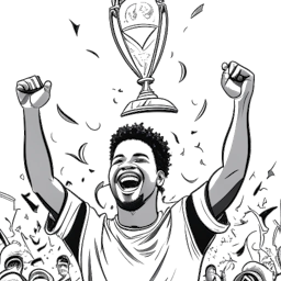 Um desenho simples de Theo Baker celebrando com um troféu de futebol, cercado por confete e torcedores vibrantes. A imagem representa sua conquista de alcançar 1 milhão de inscritos no YouTube.