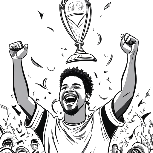 Um desenho simples de Theo Baker celebrando com um troféu de futebol, cercado por confete e torcedores vibrantes. A imagem representa sua conquista de alcançar 1 milhão de inscritos no YouTube.