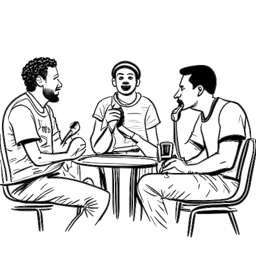 Un dessin en ligne simple de Theo Baker, REEV et Tom Garrett assis autour d'un microphone, engagés dans une discussion passionnée sur le football. L'image représente leur camaraderie et leur dynamisme en tant qu'animateurs de podcast.